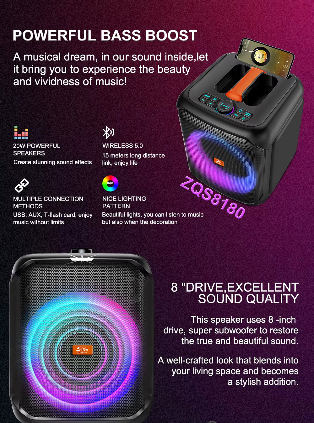 Sing-e ZQS8183 powerful bass boost — 800W PMPO 8 inch woofer