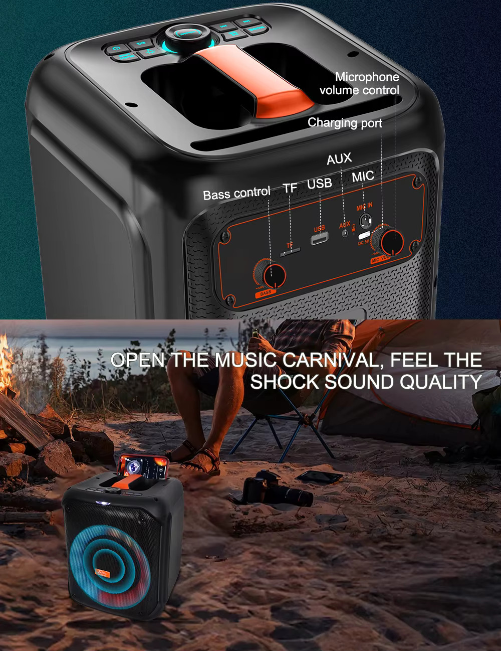 Sing-e ZQS8183 side panel — TF, USB, AUX, MIC input, charging port, bass control