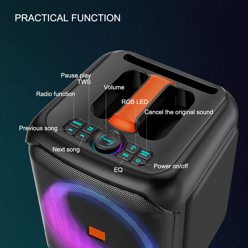 Sing-e ZQS8183 top panel controls — volume, EQ, RGB LED, TWS, radio