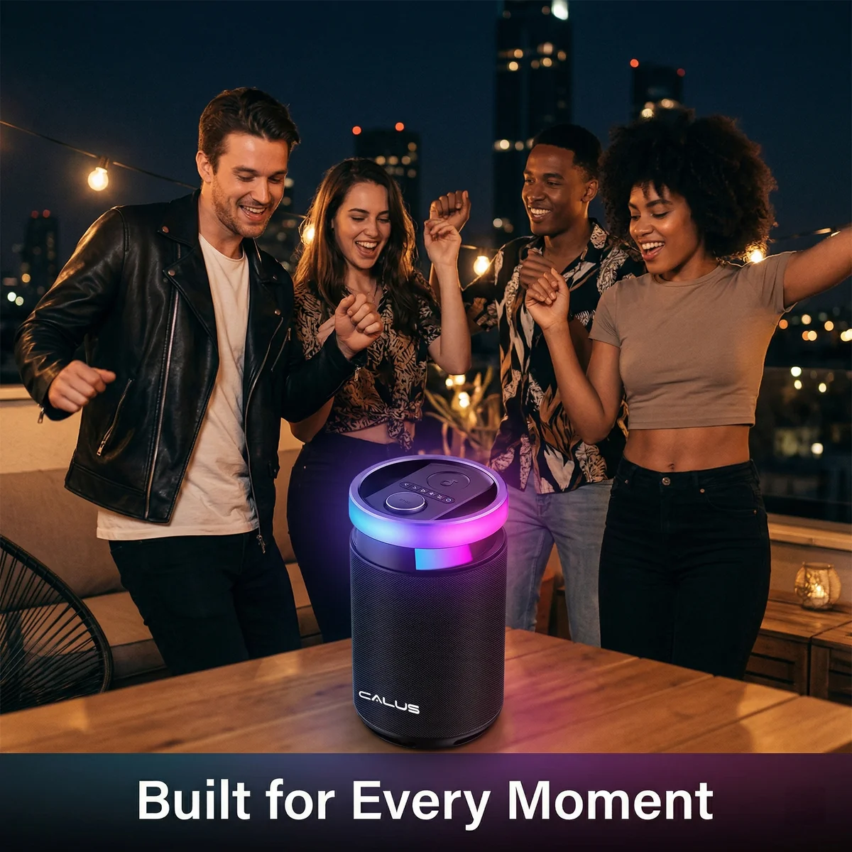 Calus Partybox Encore — friends dancing at rooftop party