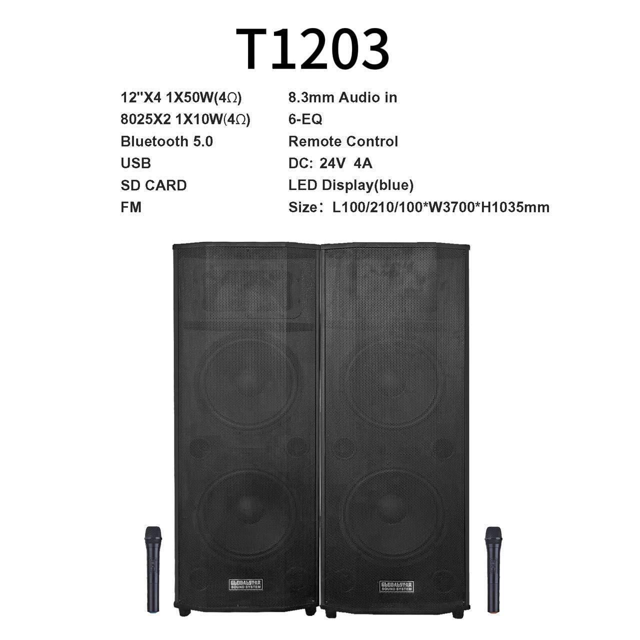 T1203 Double — pair of double-woofer tower speakers with 2 wireless mics