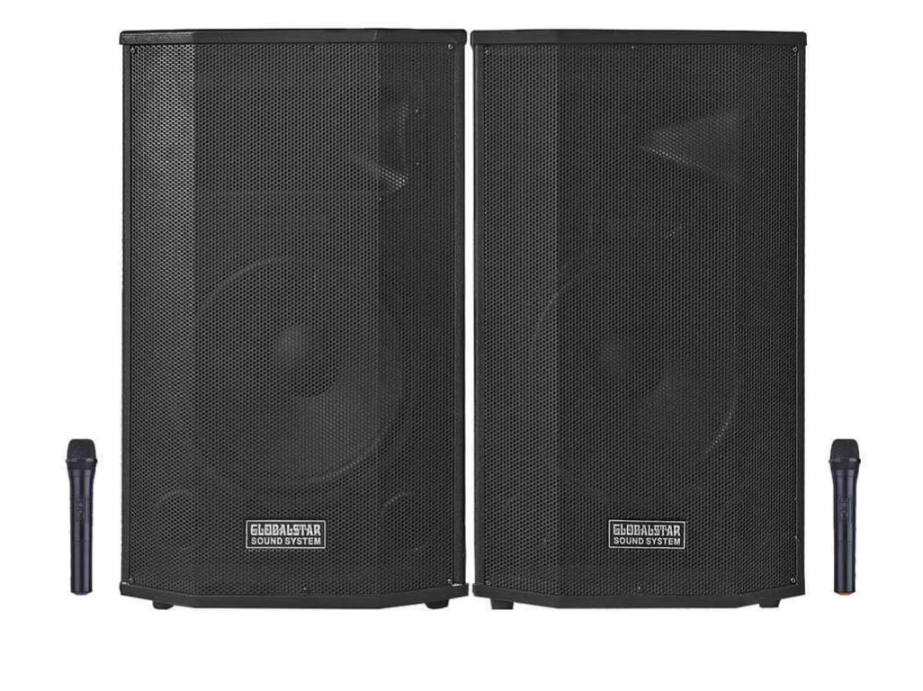 T1203 Single — pair of single-woofer speakers with 2 wireless mics