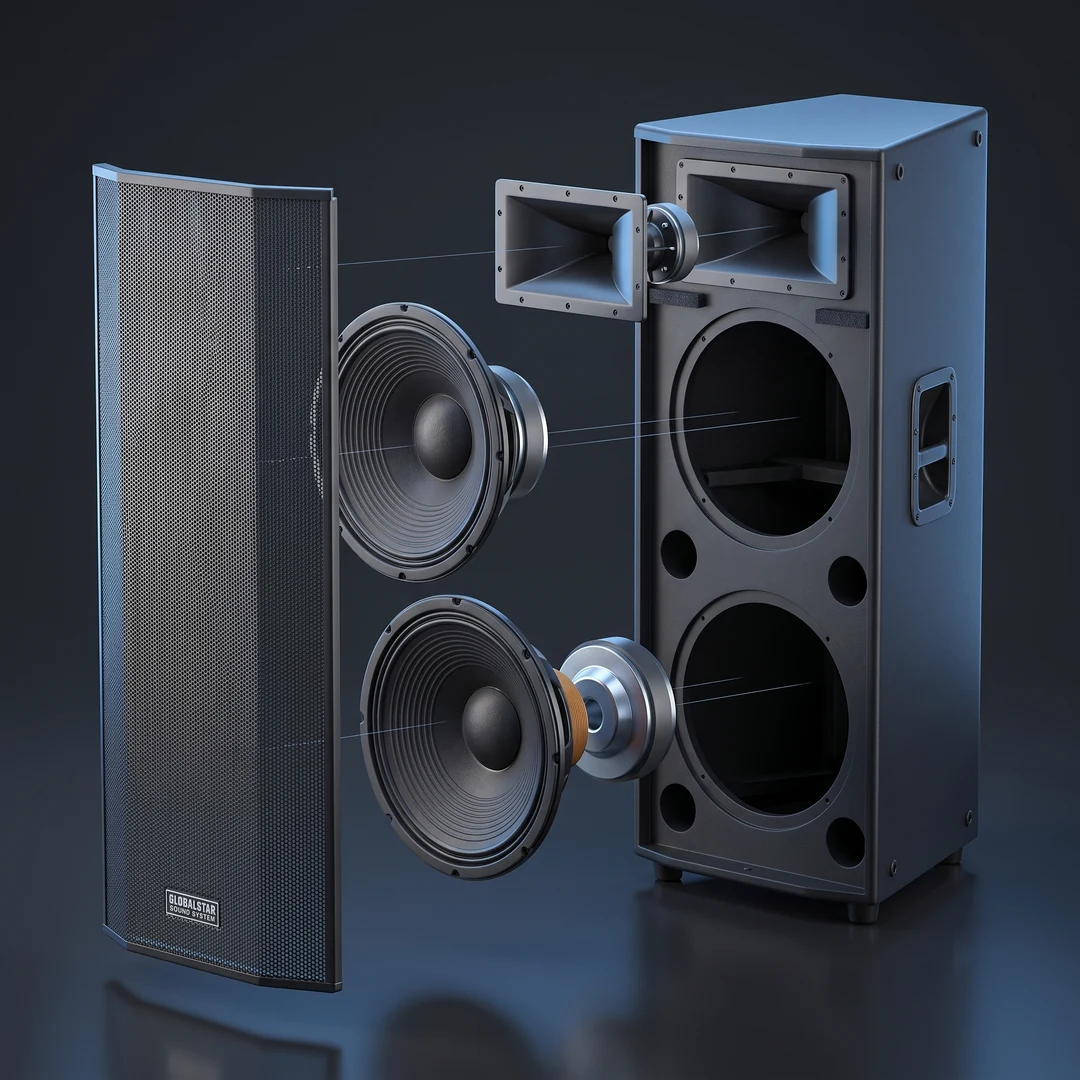 Exploded view of the Globalstar T1203 showing the twin 12-inch woofers, horn tweeters, mesh grille and cabinet