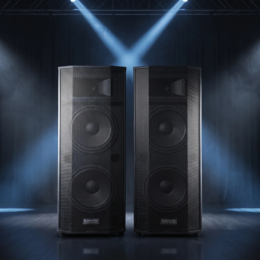 Globalstar T1203 double sound system on stage with blue lighting