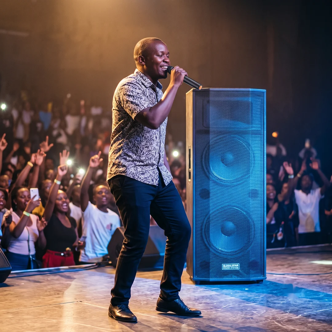 MC performing with the included Globalstar wireless microphone