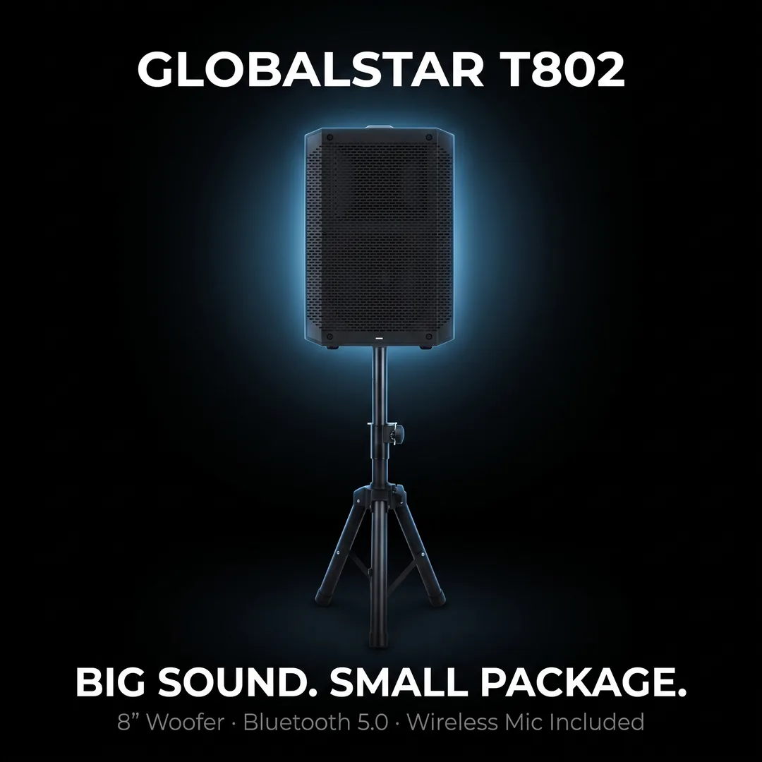 Globalstar T802 rechargeable speaker on a tripod stand with blue glow