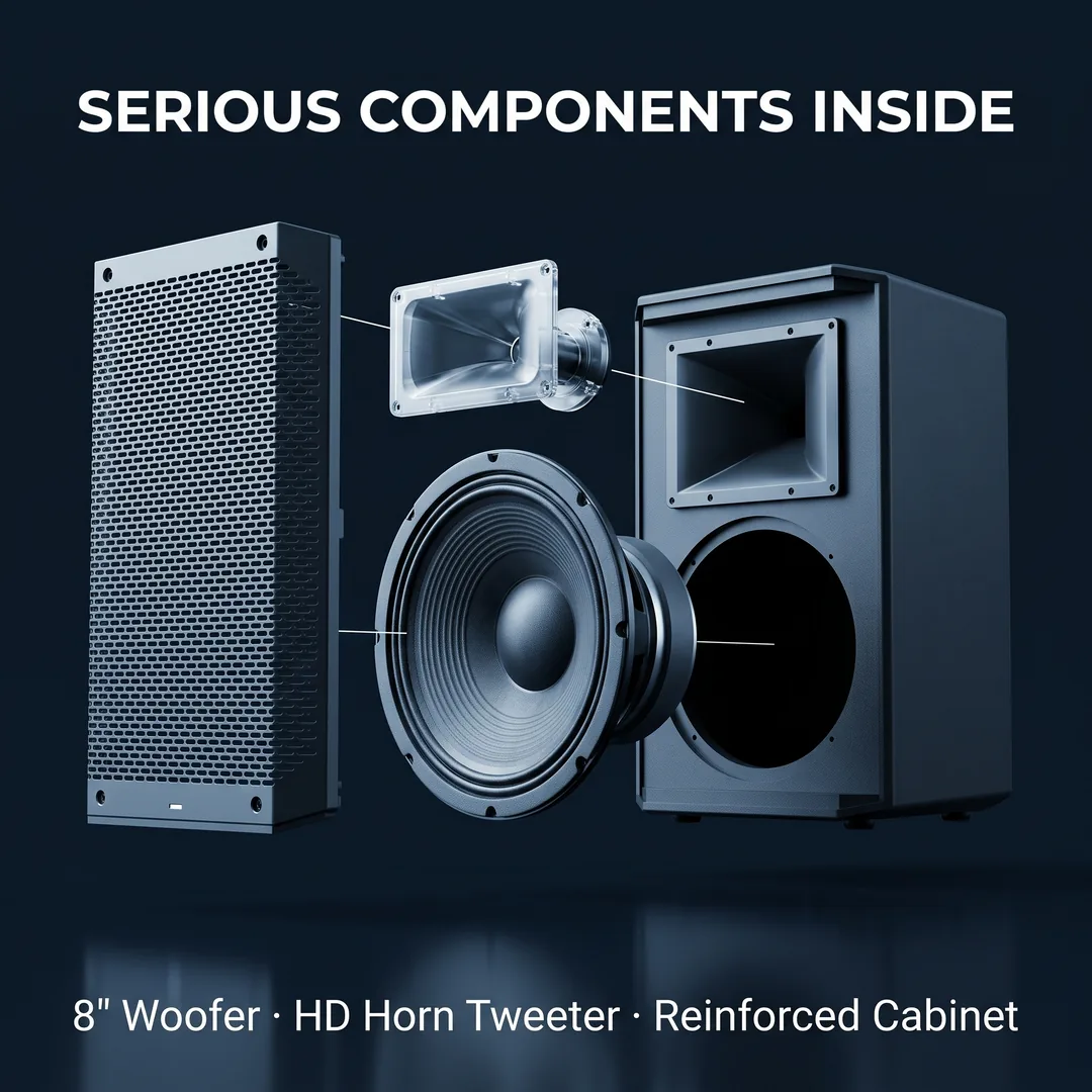 T802 internal components — 8-inch woofer, 3-inch tweeter and reinforced cabinet