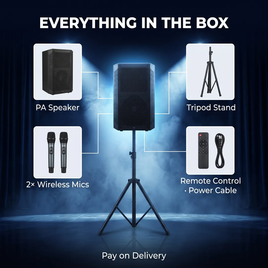 Everything in the box — Globalstar T802 speaker, tripod stand, 2 wireless mics, remote and cable
